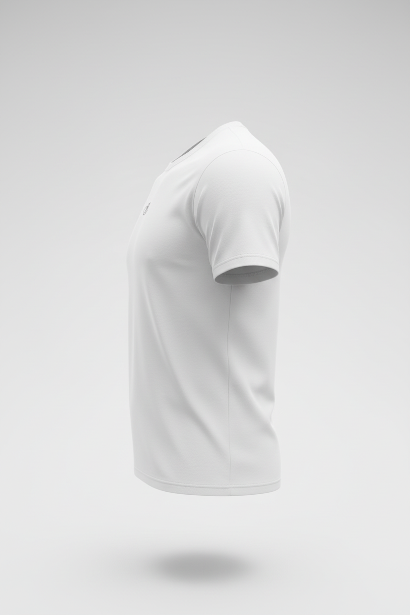 FAKE Essential White Fitted Tee side view with silver logo