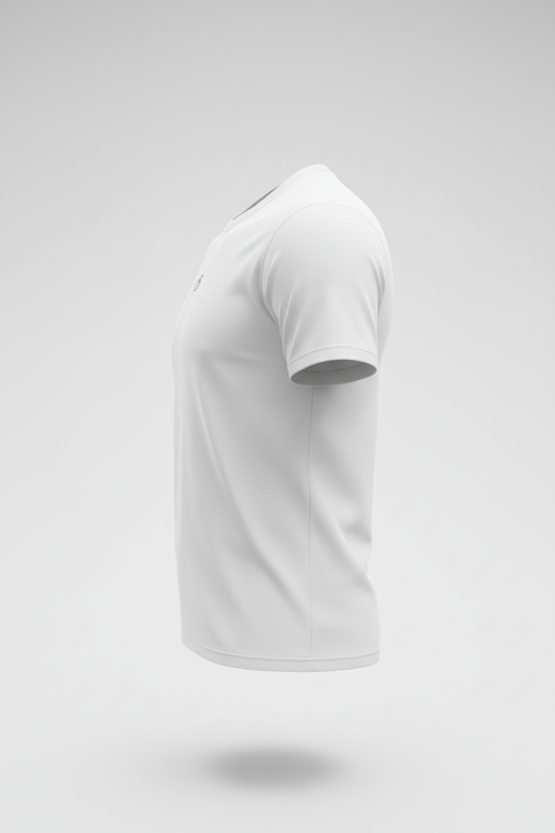 FAKE Essential White Fitted Tee side view with silver logo